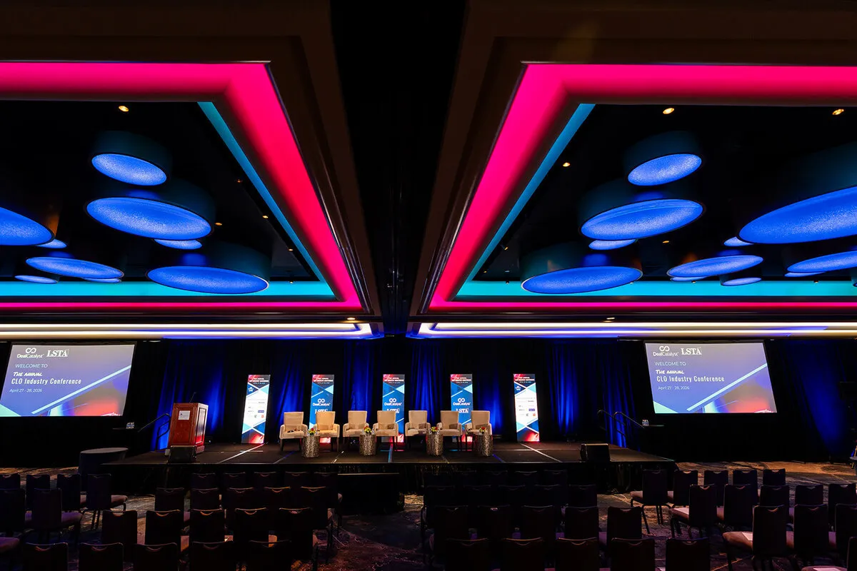 Main stage set for a conference, lit and ready before doors open